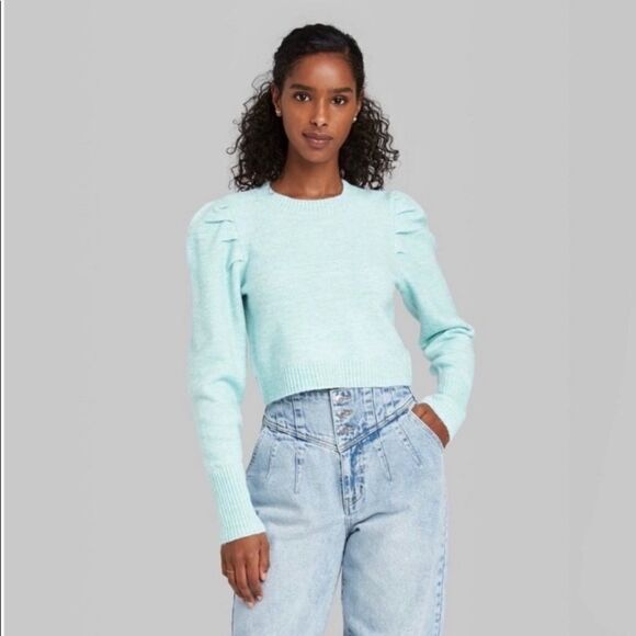 Wild Fable Puff Sleeve Crew Neck Cropped Sweater - Picture 1 of 4